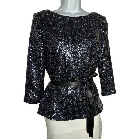 Alex Evenings Navy Blue Sequin Floral Top 3/4 Sleeves Size Small NWT - Picture 2 of 11
